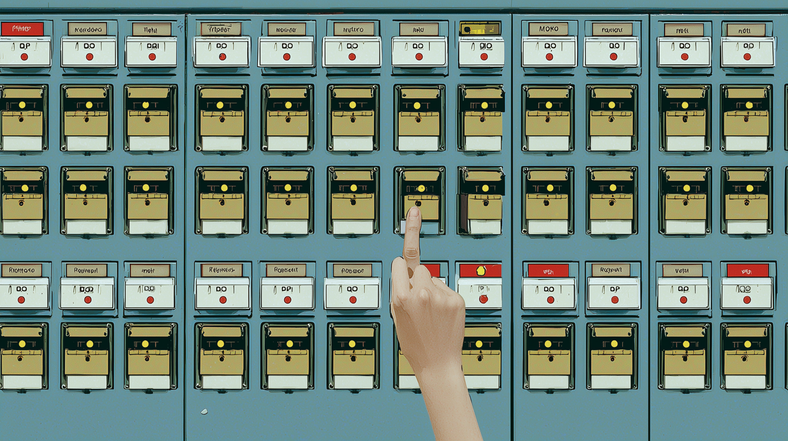 Pannello di controllo industriale con interruttori identici e una mano che ne cambia uno