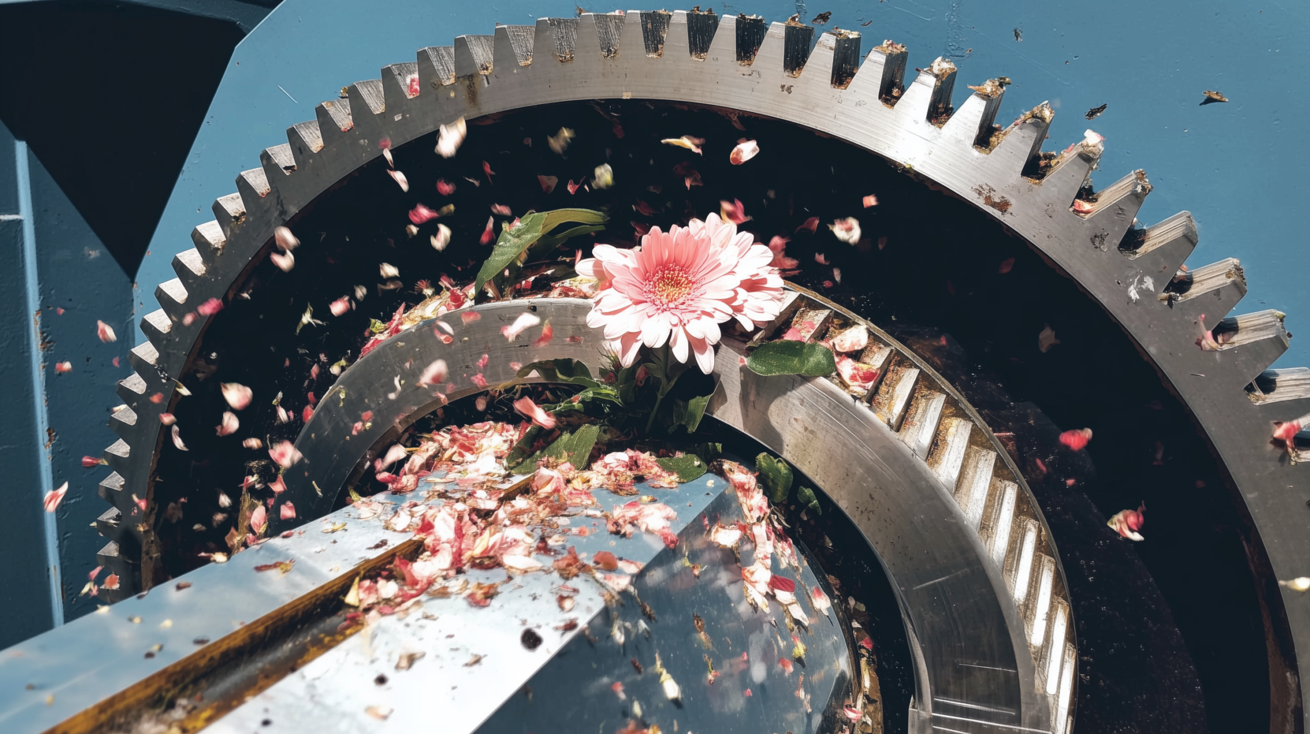 ingranaggio metallico che schiaccia inavvertitamente un fiore incastrato tra i denti