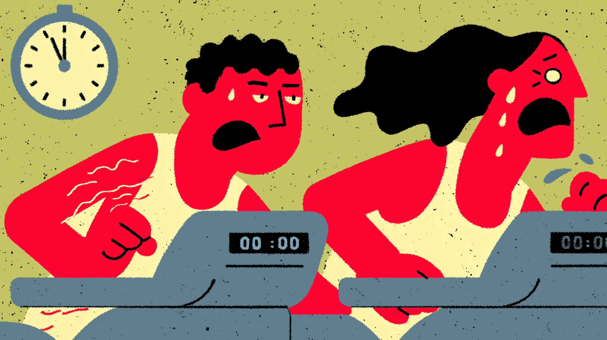 Due corridori esausti su tapis roulant affiancati con contachilometri a zero